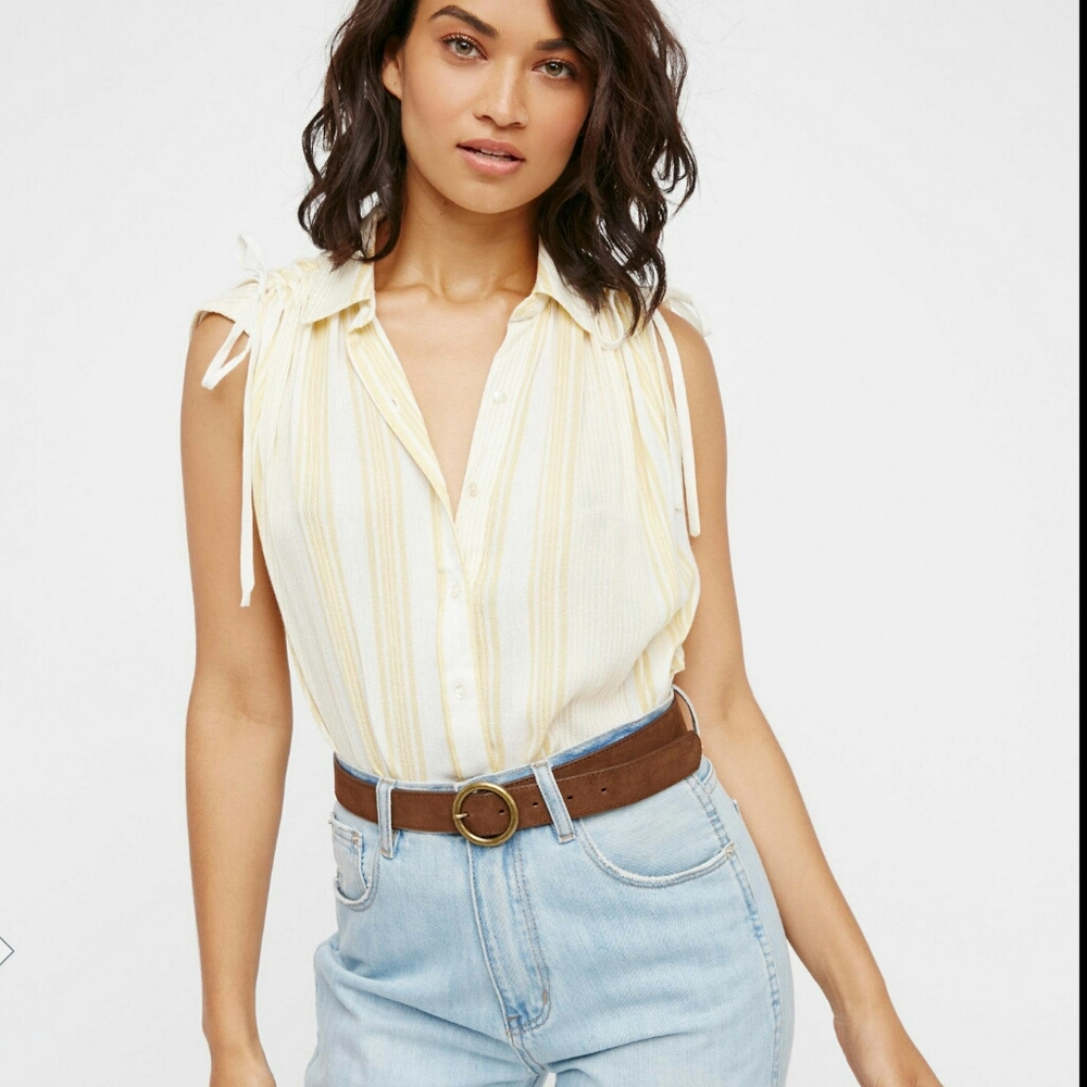 Free People Yellow White Stripe Button Down Shirt